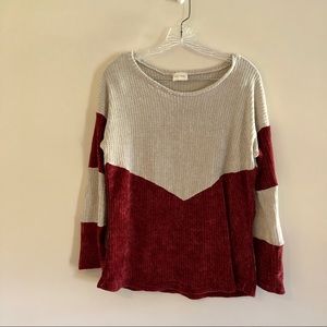 Lovely Melody Maroon and Gray Colorblocked Chenille Sweater
